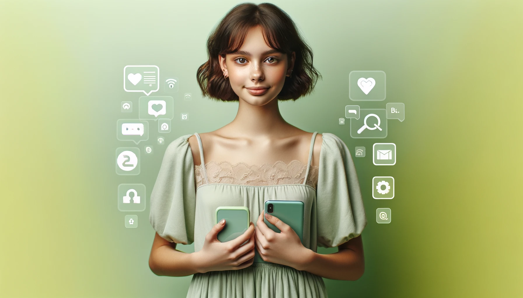 Turkish girl with short brown hair, wearing a light green dress, holding modern smart devices in her hands
